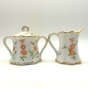 Vintage Hand Painted Porcelain Sugar & Creamer Set Tea Coffee Gold Trim‎